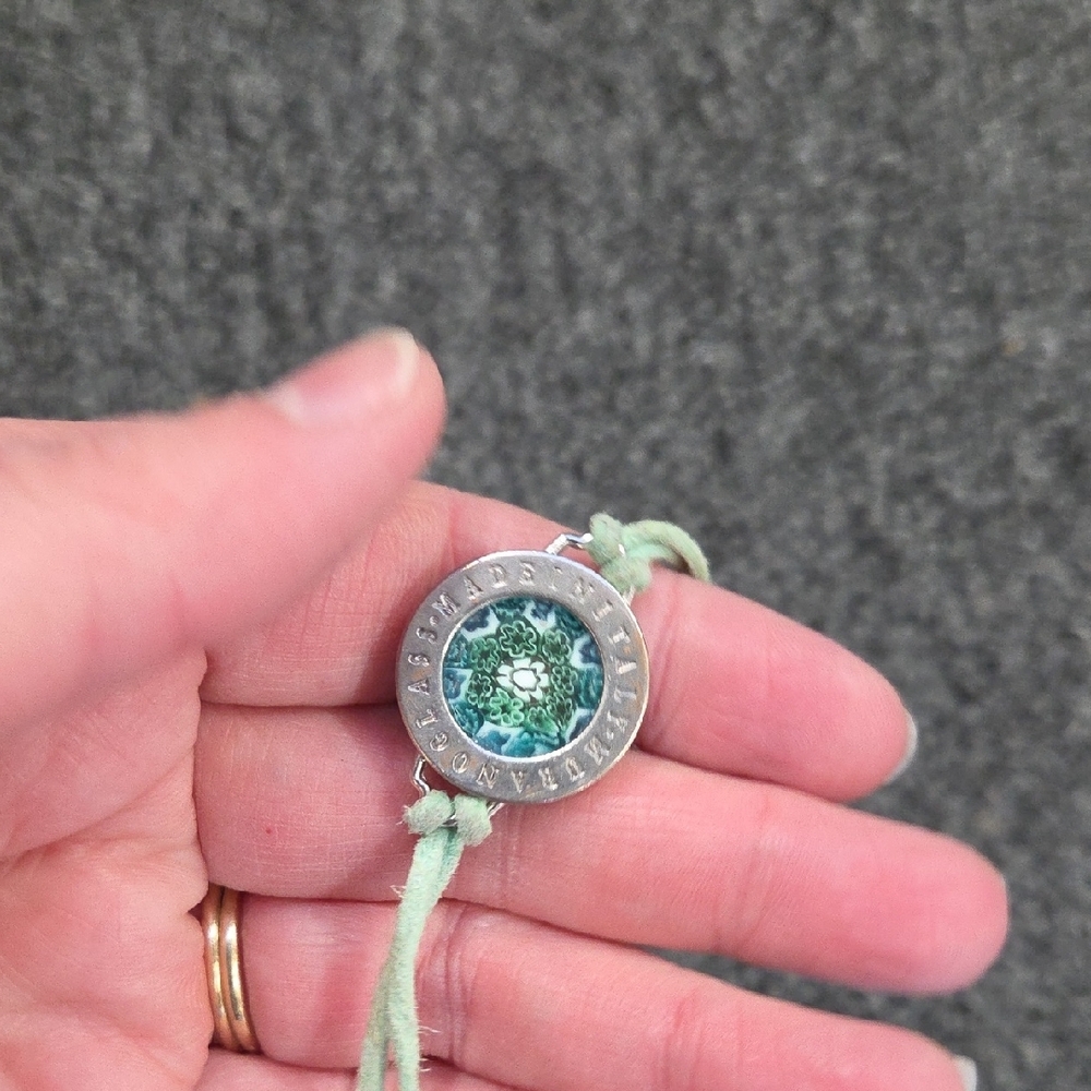 Murano Mint Green Cord Bracelet with Blue Floral Glass Medallion - Picture 4 of 9